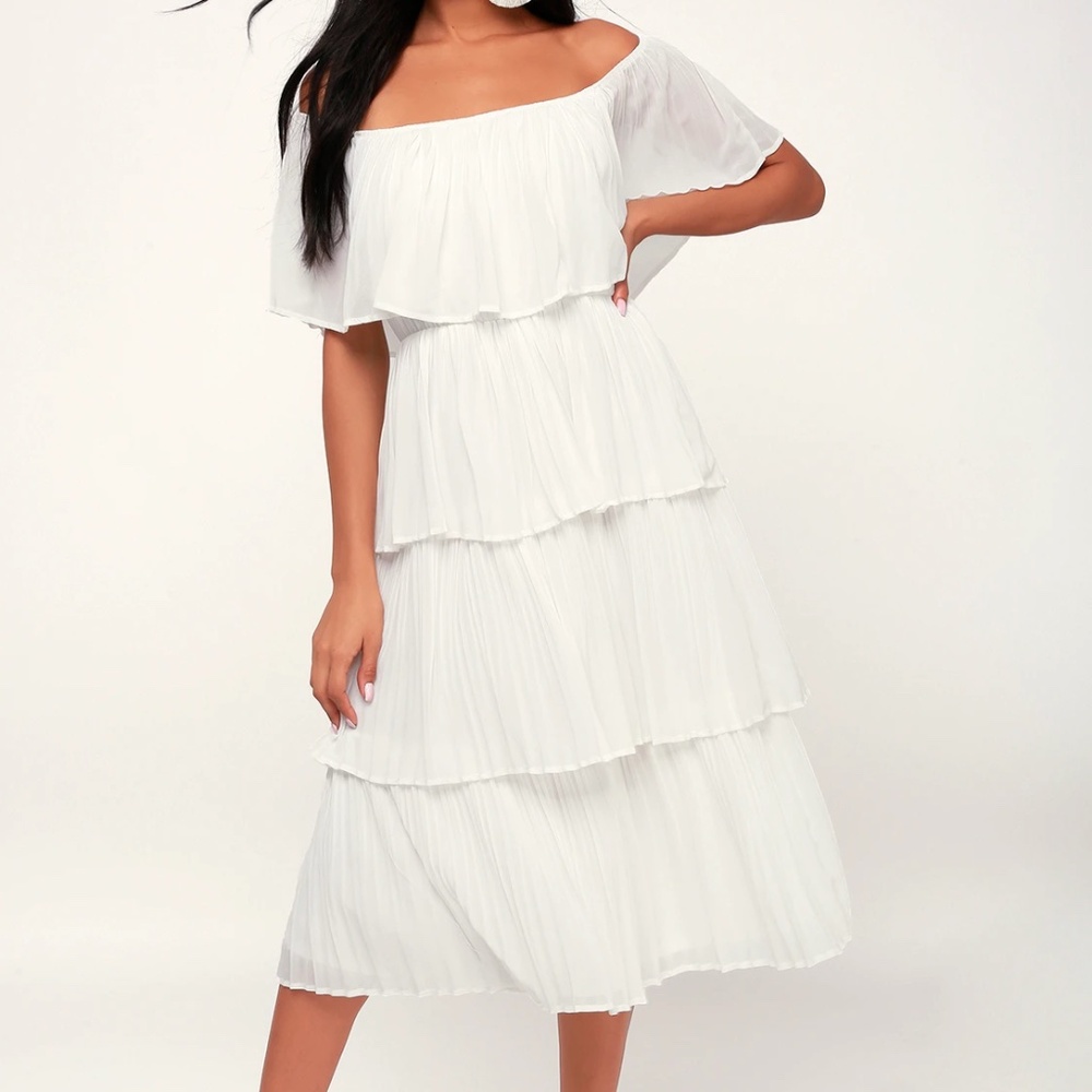 Lulu's Gala Ready White Off-the-Shoulder Ruffle Midi Dress